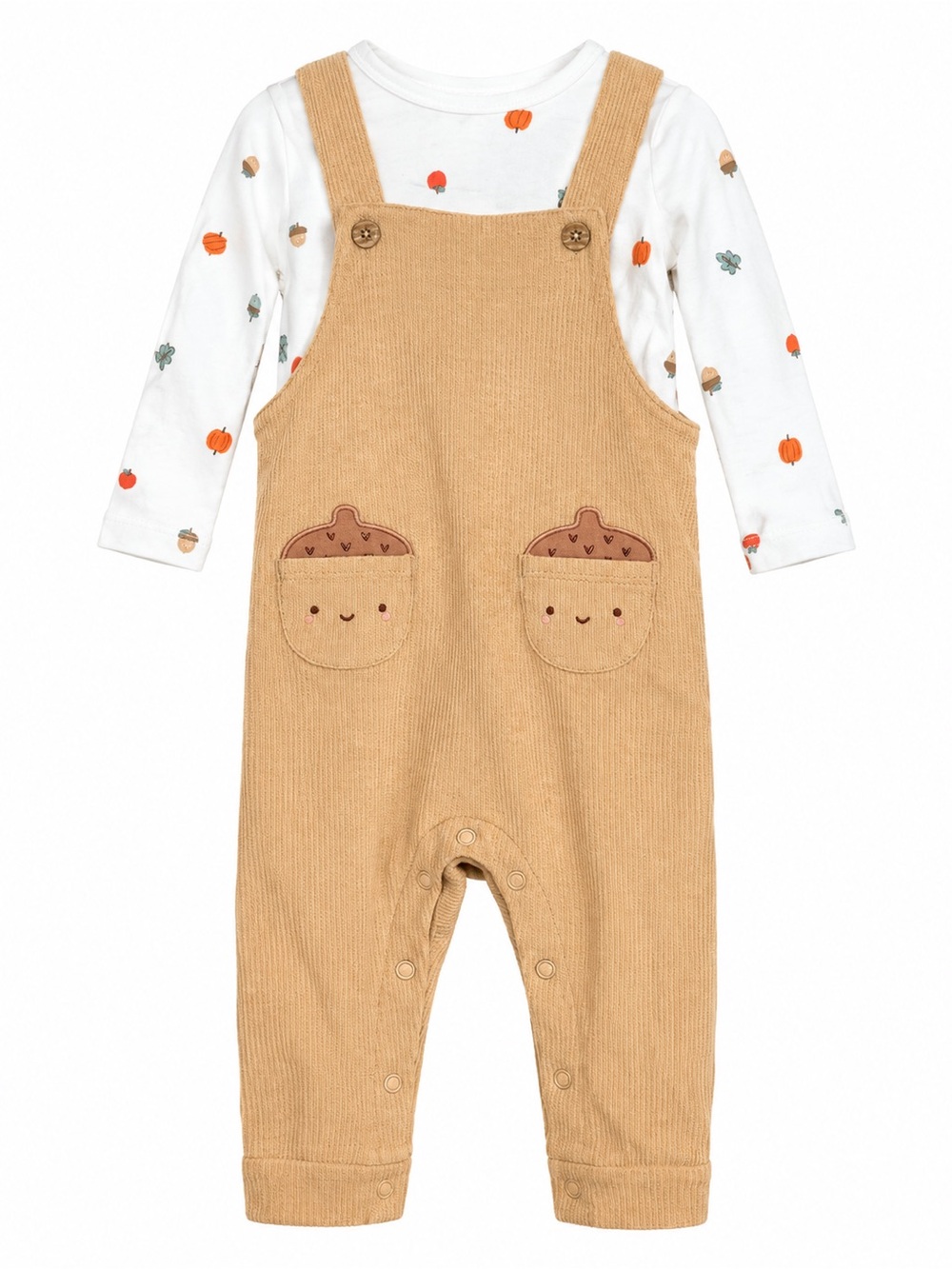 Carter's Tan Corduroy Acorn Pocket Overalls with Pumpkin Print Top